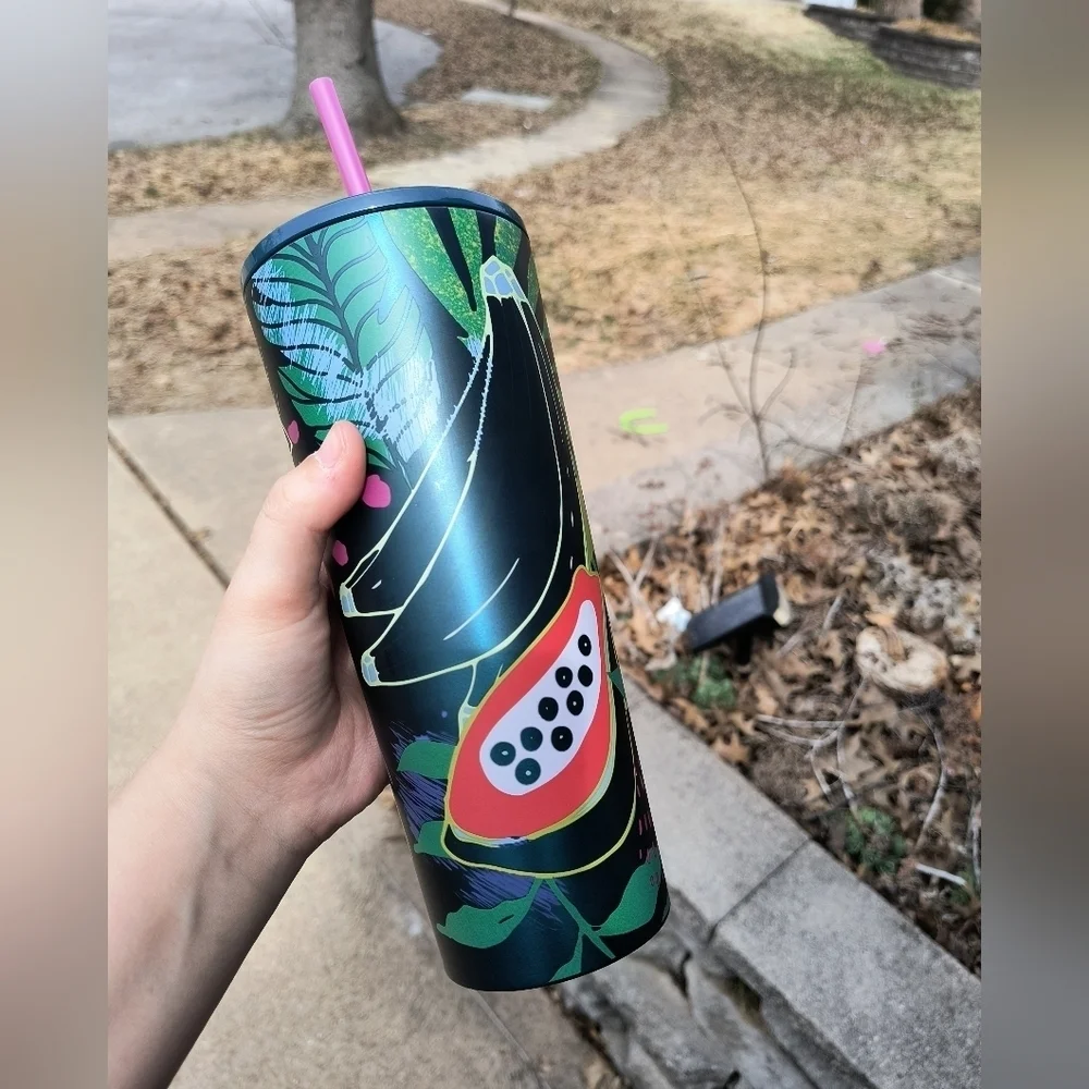 Starbucks Palm Leaf Tropical Fruit 24oz Stainless Steel Tumbler with Pink Straw